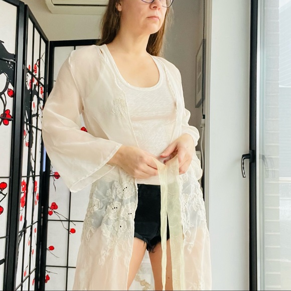 McClintock Floral Organza Transparent Bell Sleeve Belted Embroidered Long Robe - Picture 16 of 17